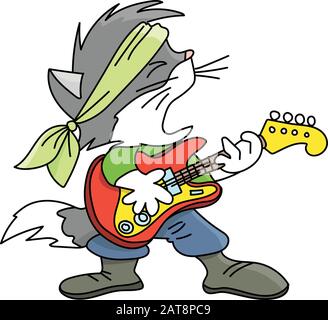 Grey cartoon cat playing electronic guitar and singing rock and roll vector illustration Stock Vector