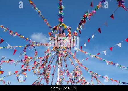 May Pole in the town centre, Obby Oss celebrations, Padstow, Cornwall, UK Stock Photo