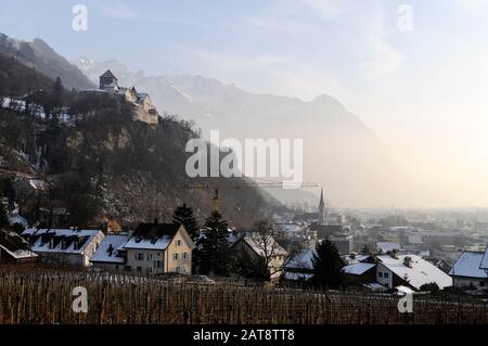 View of the Schloss of Vaduz from the small vin yards in Vaduz   The castle is the Royal residence of Liechtenstein built on a high cliff overlooking Stock Photo