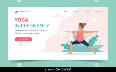 Pregnant woman doing prenatal yoga. Landing page design template. Cute vector illustration in flat style Stock Vector
