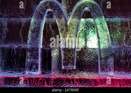 Moscow, Russia. 31st of January, 2020 The logo of the McDonald's restaurant chain is cut in the ice near the entrance to the restaurant on the Day of the celebration of the 30th anniversary of the opening of the first restaurant in the Soviet Union Stock Photo