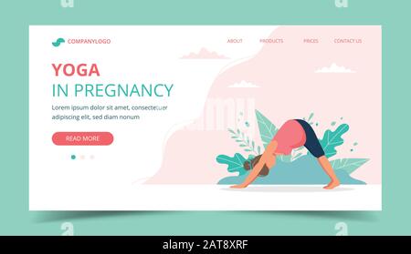 Pregnant woman doing prenatal yoga. Landing page design template. Cute vector illustration in flat style Stock Vector