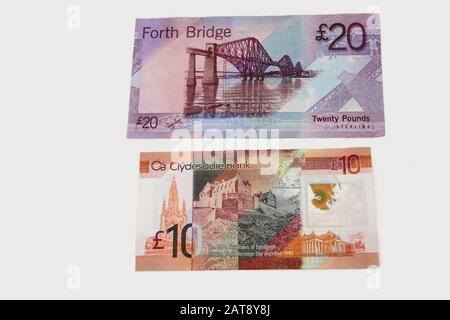 Two Scottish Ten Pound Notes - Bank of Scotland And Clydesdale Bank showing Reverse Side Stock Photo