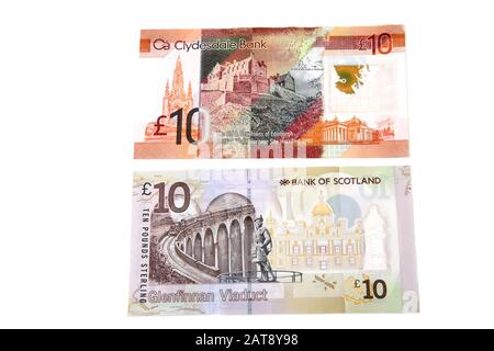 Two Scottish Ten Pound Notes - Bank of Scotland And Clydesdale Bank showing Reverse Side Stock Photo