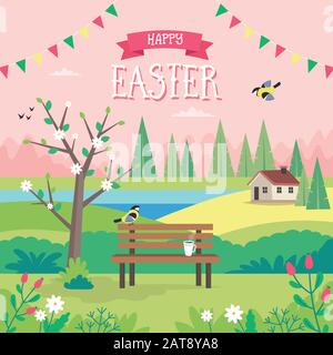 Happy Easter, spring landscape with bench, houses, fields and nature. Greeting card design. Cute vector illustration in flat style Stock Vector