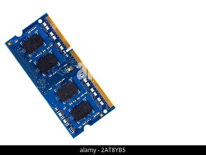 Blue computer memory card isolated on a white background. Used laptop memory card. Copy space. Stock Photo