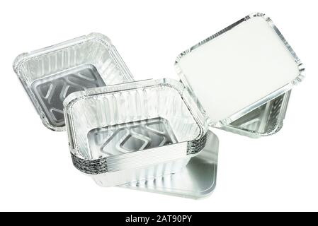 Aluminium foil take away trays isolated on a white background Stock Photo