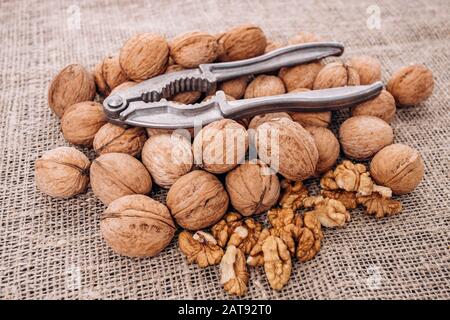 Mature walnuts and Nutcracker on woven fabric. Nuts on linen fabric Stock Photo