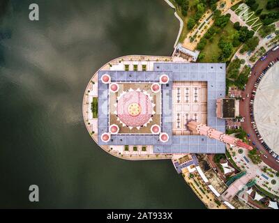 Aerial top down view of Masjid Putra, or Pink Mosque, in Putrajaya, near Kuala Lumpur, Malaysia. Stock Photo