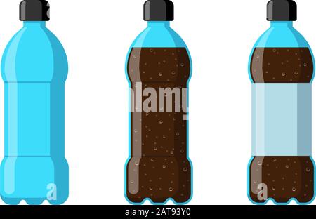 Plastic bottle set empty with soda beverage and label. Carbonated drink with bubbles in tare flat isolated vector illustration Stock Vector