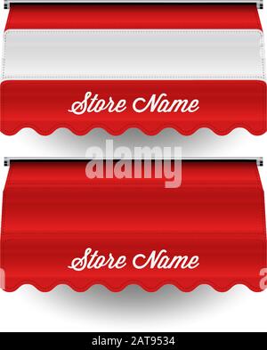 Set of commercial vector awnings. Market, cafe, or restaurant desing elements. Red and striped awnings isolated on white background. Stock Vector