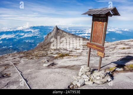 Checkpoint at the top of Mount Kinabalu in Sabah, Borneo, East Malaysia. Stock Photo