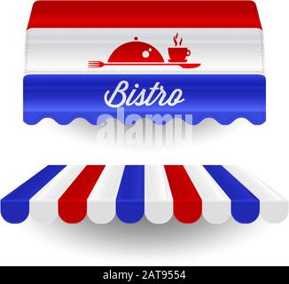 French bistro awnings in colors of the french flag. Vector illustration. Bistro facade design element. Detailed realistic vector awnings for cafe, sho Stock Vector
