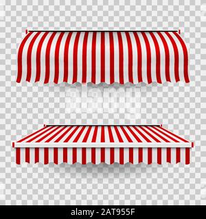 Set of commercial vector awnings. Market, cafe, or restaurant desing elements. Red and white striped awning isolated on transparent background. Stock Vector