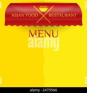 Asian food restaurant commercial vector awning. Market, cafe, or restaurant menu template. Red awning isolated on yellow background. Crossed chopstick Stock Vector