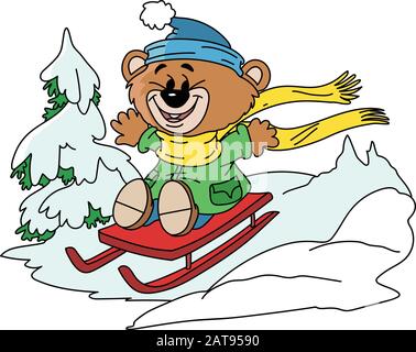 Cartoon bear having fun on a red sledge in winter time vector illustration Stock Vector