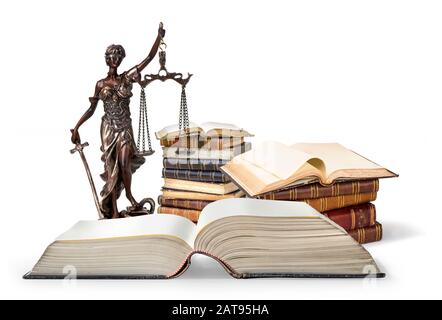 A picture of a Themis statue standing at books  background Stock Photo