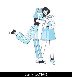 Two hugging girls vector cartoon illustration. Woman friendship, smiling young people isolated lineart characters in blue. Best friends friends greeting concept isolated on white background Stock Vector