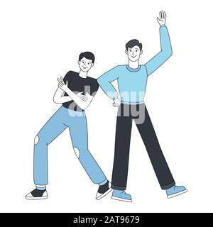 Two young guys in a welcoming pose vector cartoon illustration. Happy smiling friends, positive emotions, friendly lineart characters in blue. Friendship greeting concept isolated on white background Stock Vector