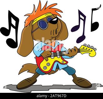 Brown cartoon dog playing electronic guitar and singing rock and roll vector illustration Stock Vector