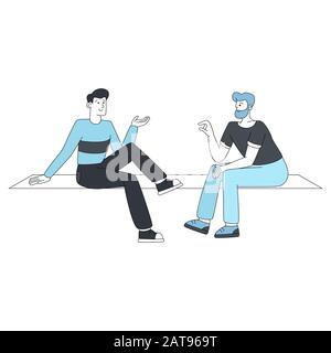 Conversation between two people vector cartoon illustration. Young man and adult explaining each other, discussing, searching for solution. Sitting people line art characters in blue Stock Vector