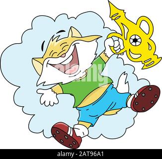 Happy cartoon cat holding a champion cup in his hands jumping in the air vector illustration Stock Vector