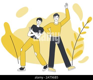 Two happy smiling friends in a welcoming pose vector cartoon illustration.Young people, positive emotions, friendly lineart characters.International Friendship Day postcard design element. Stock Vector