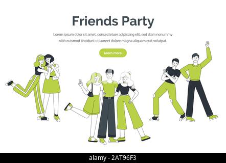 Friends party web banner vector template. Teamwork landing page,business company website concept. Happy smiling young people,hugging girls,friends in welcoming pose cartoon characters with text space Stock Vector