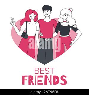 Boy and two girls in heart-shaped frame vector cartoon illustration.Best friends, happy smiling young man and women lineart characters in pink.International Friendship Day postcard design element. Stock Vector