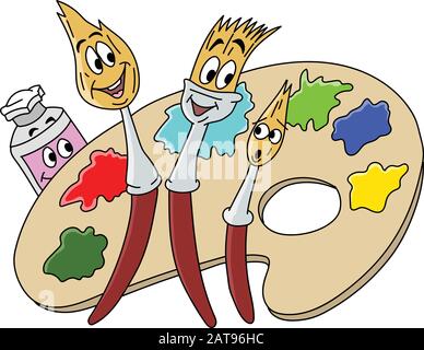 Cartoon paint brush characters smiling and posing in front of an artist's  palette vector illustration Stock Vector Image & Art - Alamy