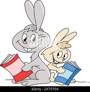 Cartoon bunnies sitting back to back reading books vector illustration Stock Vector