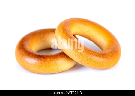 Small dry bagels, small rolls on a white background Stock Photo