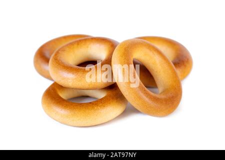 Small dry bagels, small rolls on a white background Stock Photo