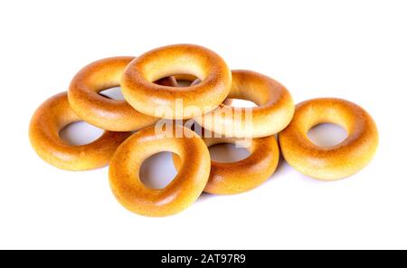 Small dry bagels, small rolls on a white background Stock Photo