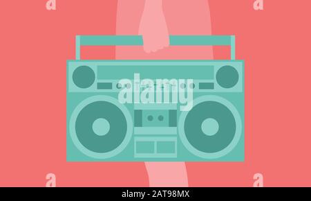 Flat vector of a green, retro boombox music player against a coral background. Radio is being held by a woman who is visible from the waist down. Stock Vector