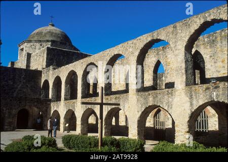 Mission San Jose, part of the San Antonio Missions National Historical Park, was founded by Franciscan friars and completed in 1720 on the banks of the San Antonio River. Stock Photo