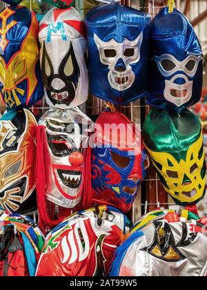 Lucha Libre masks on sale at street market in San Miguel de Allende, Guanajuato, Mexico. Stock Photo