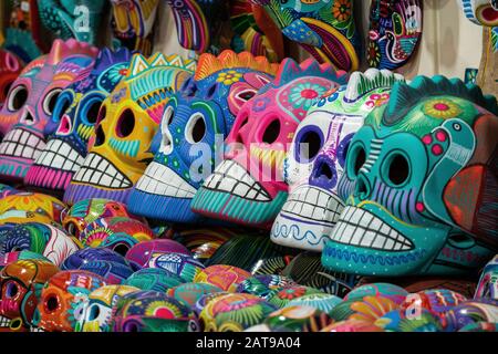 Decorated colourful skulls at street market in San Miguel de Allende, Mexico, Day of Dead (Dia de los Muertos) concept. Stock Photo