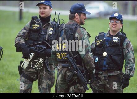 Waco, Texas: Bureau of Alcohol, Tobacco and Firearms agents (ATF) at Branch Davidian standoff. ©Bob Daemmrich Stock Photo