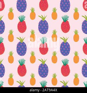 Abstract modern pineapple pattern. Colorful seamless vector summer background. Repeating tropical pineapples on pink. Hand drawn exotic fruit isolated Stock Vector