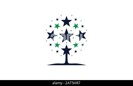 Abstract tree made of blue and green stars which connect to tree trunk and roots that meet the soil Stock Vector