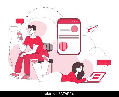 Couple chatting linear vector illustration. Social media messaging, internet forum, online communication red lineart concept. Woman and man using laptop, smartphone, typing messages characters Stock Vector