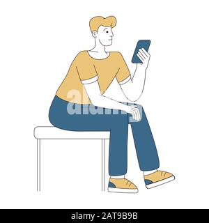 Young man with smartphone outline illustration. Confused guy holding telephone in hand isolated contour cartoon character isolated on white. Adult messaging, typing SMS, communicating via mobile phone Stock Vector