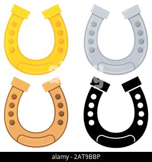 Golden, silver, bronze, black horseshoe icon vector set for good luck isolated on white background. Stock Vector