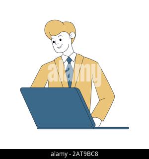 Businessman working with laptop outline illustration. Smiling entrepreneur communicating, manager working online cartoon linear character isolated on white. Boss typing message, chatting, browsing Stock Vector