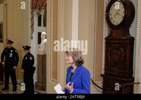 Washington, USA. 31st Jan, 2020. Sen. Lisa Murkowski, R-AK, returns to the Senate floor during President Trump's impeachment trial on Capitol Hill on Friday, January 31, 2020. Republican Senators are likely to have the votes to prevent hearing from witnesses. Photo by Alex Wroblewski/UPI Credit: UPI/Alamy Live News Stock Photo
