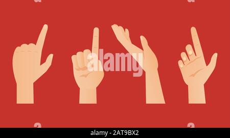 Hand gestures in different positions vector illustration. Arms in various poses, showing and pointing direction isolated on red background. Flat design of hands in different situations. Stock Vector