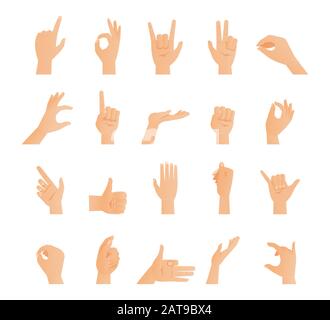 Set of hands in different gestures. Signs collection, arms showing different emotions flat vector illustration isolated on white. Gestures arm - stop, thumbs up, finger pointer, ok, like and others. Stock Vector