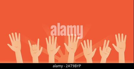 Waving hands on rising sun background vector illustration. Friendship, volunteer, greeting and acquaintance flat concept, hands in a welcoming pose. Raised arms on orange background. Stock Vector