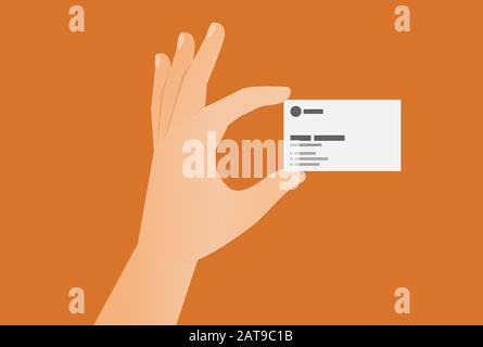 Vector illustration of hand holding a business card template with space for text isolated on orange background. The businessman arm showing white visit card, flat design. Stock Vector